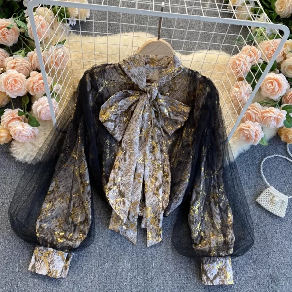 LE4040 Style Gauze Lantern Sleeve Loose With Retro Snakeskin Pattern Socialite Temperament Blouse Blouse