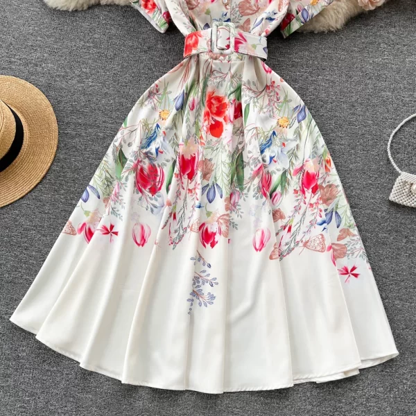 LE1456 Summer New Suit Collar Temperament Celebrity Waist Printing Chiffon Dress Female Short-sleeved Sweet Pleated Fairy Dress - Image 4