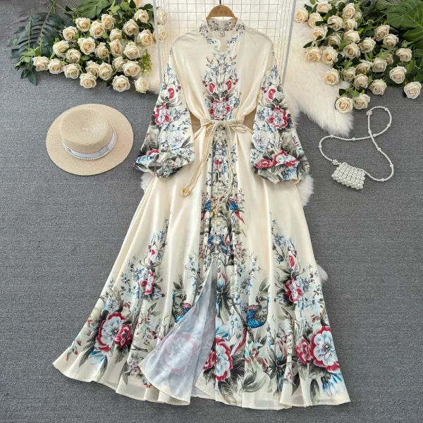 LE1930 Court Style Printed Dress Lantern Long Sleeve Standing Collar Maxi Dresses Woven Belt Elegant Ladies Long Evening Dress - Image 2