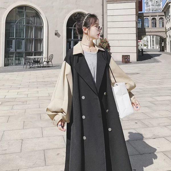 LE4562 Autumn New Design Sense Long Coat Women Trench Coat Women'S Autumn Mid-Length Over the Knee Slimming Black Coat
