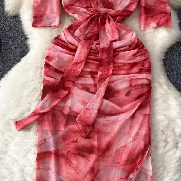 LE1914 2025 New Gentle Tie-Dye Print Dress Women Summer Fanny Pack Hip Hotsweet Dress V-Neck Sheath Midi Dress - Image 5