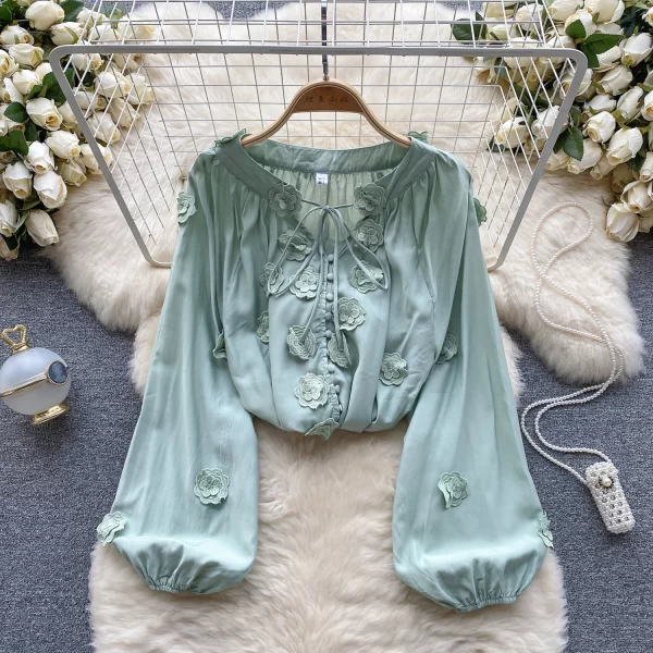 LE4037 Korean Wind Ins Sweet and Gentle Three-Dimensional Flowers Tied up Lantern Sleeve Shirt Female Loose Thin Shirt in Autumn - Image 3