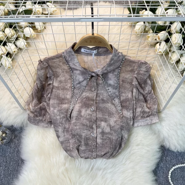 LE4038 Summer Western Style Shirt Women'S High-End Chic Pleated Bubble Sleeve Top With Diamond Pointed Collar French Shirt - Image 4