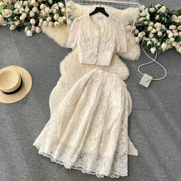 LE2069 Couture Couture Women'S French Lace Crochet Puff Sleeve Shirt Two-Piece Set of High-Waisted Slimming Skirt
