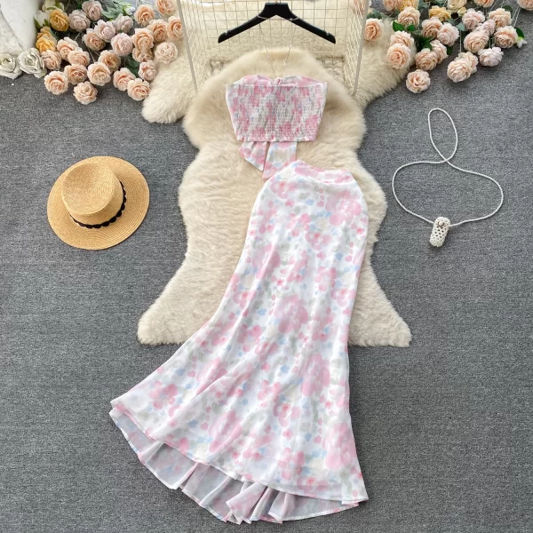 LE2070 Sexy Halter Top With Chest All Match Package Hip Fishtail Skirt Skirt Floral Two Sets