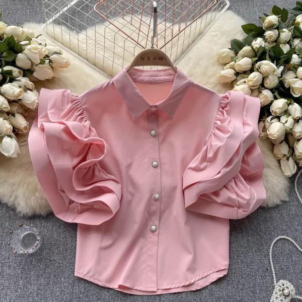 LE4026 French Niche Design Sense Ruffled Shirt Women'S Summer Dress New Fashion Style With Lapel Cardigan Top - Image 5