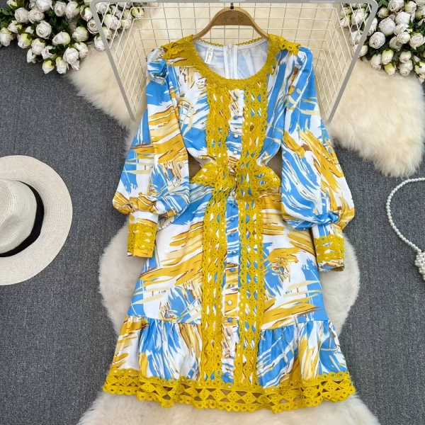 LE1404 Senior Sense Light Luxury Temperament Lantern Long Sleeve Round Neck A-Line Dress Lace Lace Print Boutique Casual Dress