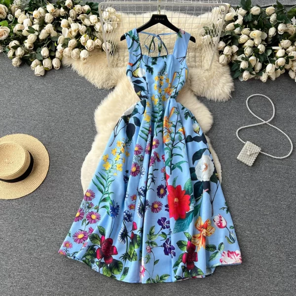 LE1595 Bohemian Summer Women Dress Fashion Spaghetti Strap Colorful Flower Print Black Long Party Midi Casual Dress - Image 4
