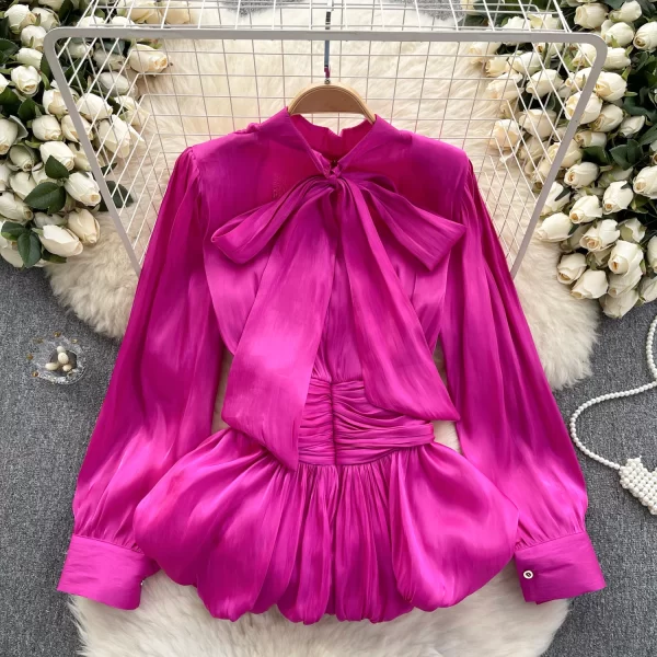 LE4043 French Vintage Blouse Women Fold Waist Slimming Lotus Leaf Swing Advanced Sense of Spring Top