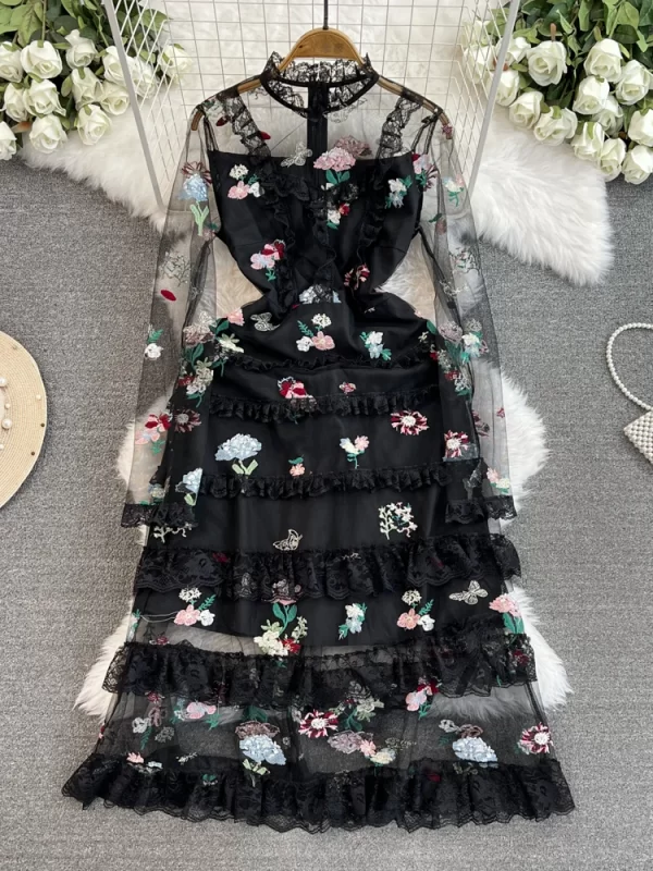 LE2131 2025 Heavy Industry Embroidery Socialite Party Women'S Long Dress Chic Fairy Mesh Stitching Lace Ruffled Midi Cake Dress - Image 5