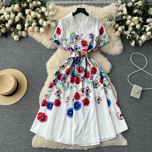 LE1651 Summer New French Socialite High-End Suit Tie Belt Dress Temperament Business Party Ladies Boutique Floral Print Dress