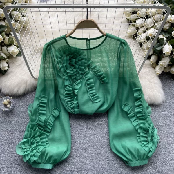 LE4012 French Heavy Industry Three-Dimensional Flower Long-Sleeved Shirt Women Spring and Summer New Sweet Loose Thin Chiffon - Image 4