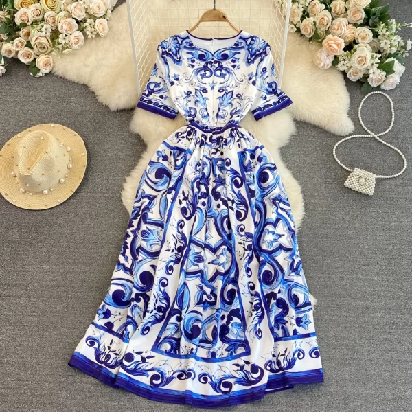 LE1513 Fashion Runway Mayorika Porcelain Flower Print Long Dress Women Short Sleeve O Neck Vintage Beach Party Vestido