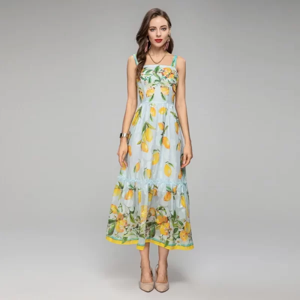LE1644 2025 Summer New Glitter Silk Burned Diamond Sequin Lemon Print Backless Dress Women'S Vacation Ethereal Halter Dress - Image 3