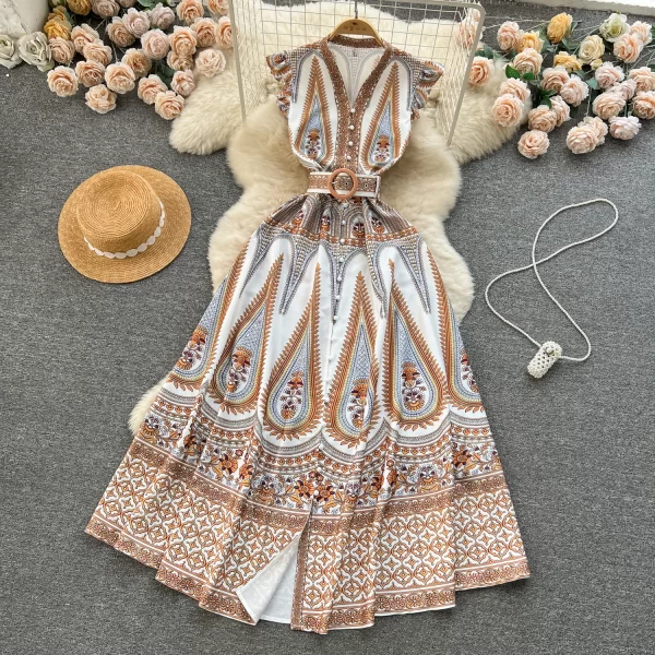 LE1907 2025 Spring Palace Style Print Dress Spring Women Elegant V-Neck Breasted Belted Flying Sleeve Holiday Maxi Casual Dress