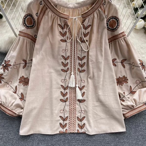 LE4035 Embroidery Shirt Ethnic Style Design Sense Fringe Long Sleeve Loose Tie Round Neck Puffy Sleeve Top for Women - Image 2