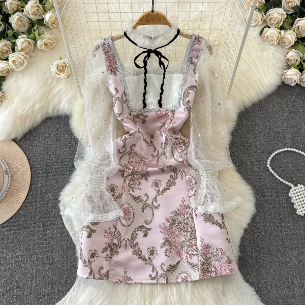 LE2129 Women'S Boutique Dress Jacquard Spiny Sequin Mesh Dress Embroidery Heavy Industry Princess Socialite Party Mini Dress