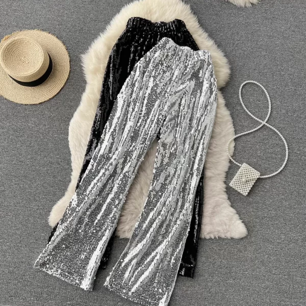 Boutique Hot Sale Sequins Trousers High Waist Straight Pants Women Shinny Long Pants