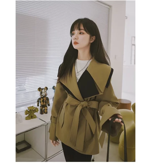 LE4559 Spring and Autumn Waist Windbreaker Women Short Loose Thin Man British Style Patchwork Coat Coat Span - Image 6