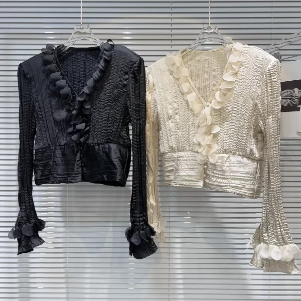 LE2063 New French Small Fragrance Petal Edge V-Neck Pleated Fabric Light Luxury Shirt - Image 5