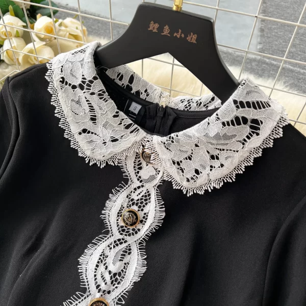 LE1920 Sprin/ Summer New Lace Patchwork Lapel Evening Dress Three-Dimensional Cut Slim Office Party Midi Dress - Image 3