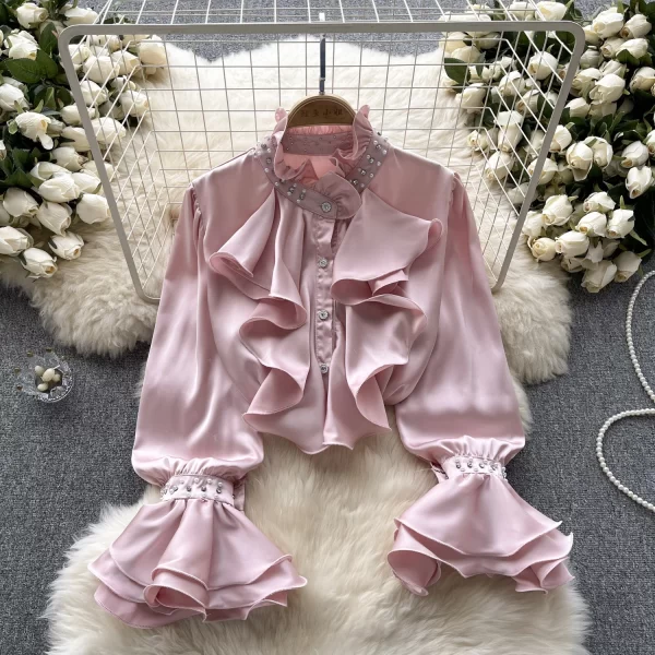 LE4018 French Retro Court Style Shirt for Women With Thin Temperament Shirt Senior Sense of All Studded Beaded Top - Image 4