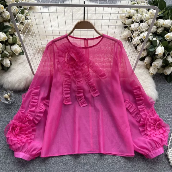 LE4012 French Heavy Industry Three-Dimensional Flower Long-Sleeved Shirt Women Spring and Summer New Sweet Loose Thin Chiffon