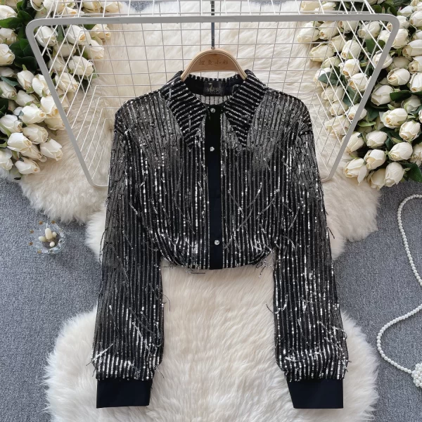 LE4031 Senior Sense Sequin Fringe Shirt Women'S Spring New Thin See-Through Gauze Blouse Shirt - Image 4