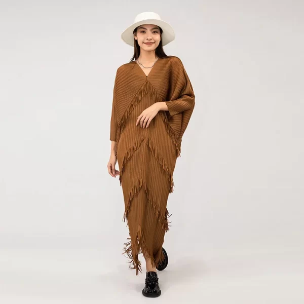 LE1564 Pleated Tassels Dress for Women V-neck Batwing Sleeves Fashion Spliced Dresses Female Clothing Boutique Casual Dress - Image 2