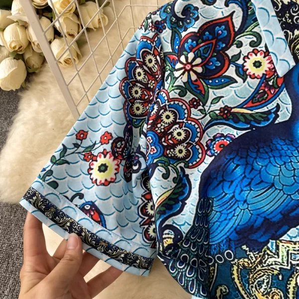 LE1662 Socialite Party Retro Peacock Print Dress Chic Lapel Short Sleeve French Office Party Casual Ladies Boutique Midi Dress - Image 5