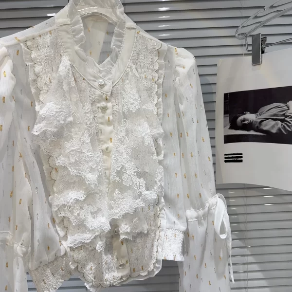 LE2065 New French Little Fragrance Ribbon Lace Chiffon Blouse - Image 4