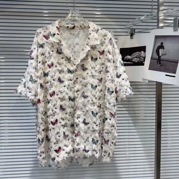 LE2065 New Minority Color Butterfly Pattern Fleece Fabric Short-Sleeved Blouse