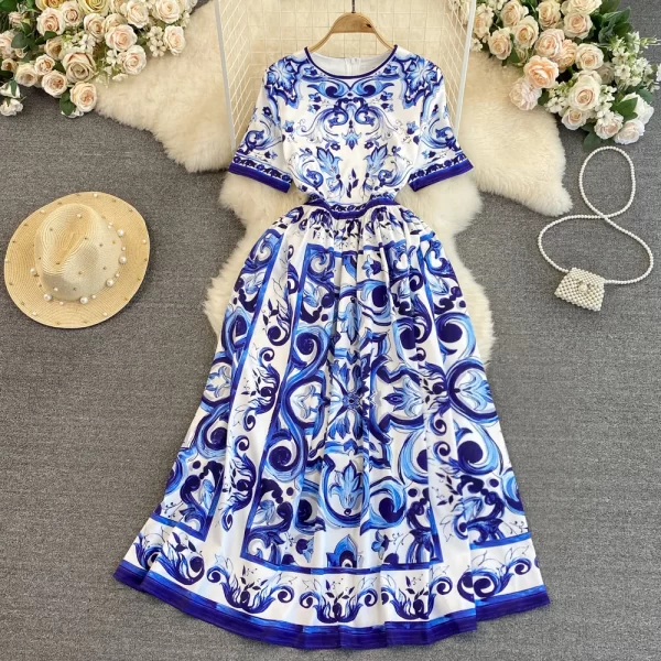 LE1513 Fashion Runway Mayorika Porcelain Flower Print Long Dress Women Short Sleeve O Neck Vintage Beach Party Vestido - Image 2