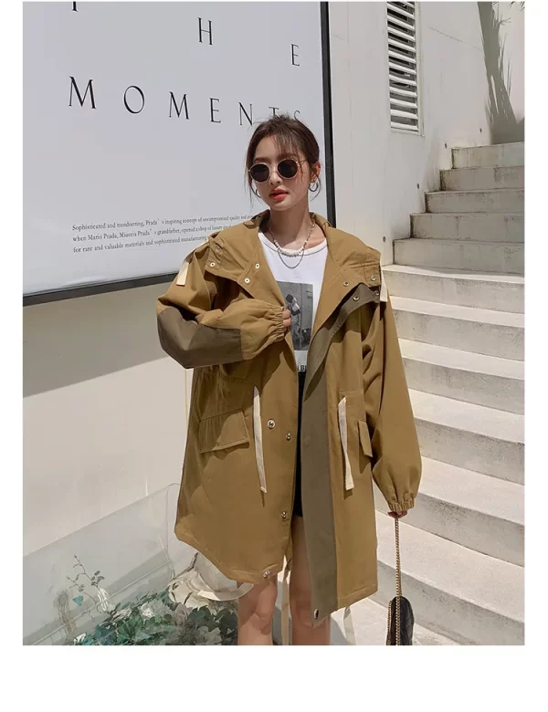 LE4553 Hooded Overalls Trench Coat Female Spring and Autumn Long Small Korean Version Loose Casual Coat - Image 6