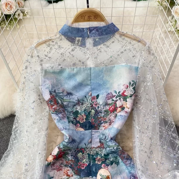 LE2136 Chic Mini Women'S Dress Jacquard Cotton Short Printed Dress Letter Beaded Gold Lace Lantern Sleeve Socialite Party Dress - Image 3