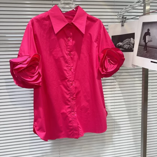 LE2054 New Small Fragrance Folds Flower Cuffs Design Solid Color Delicate Blouse - Image 3