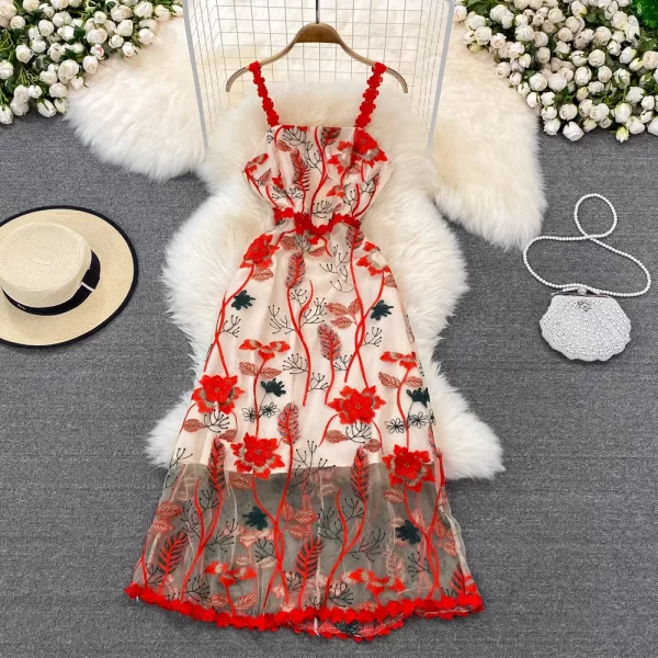 LE2135 Seaside Beach Holiday Flowing Gauze Strapless Dres Backless Haute Embroidered Midi Dress Bohemia Lace Halter Dress Summer