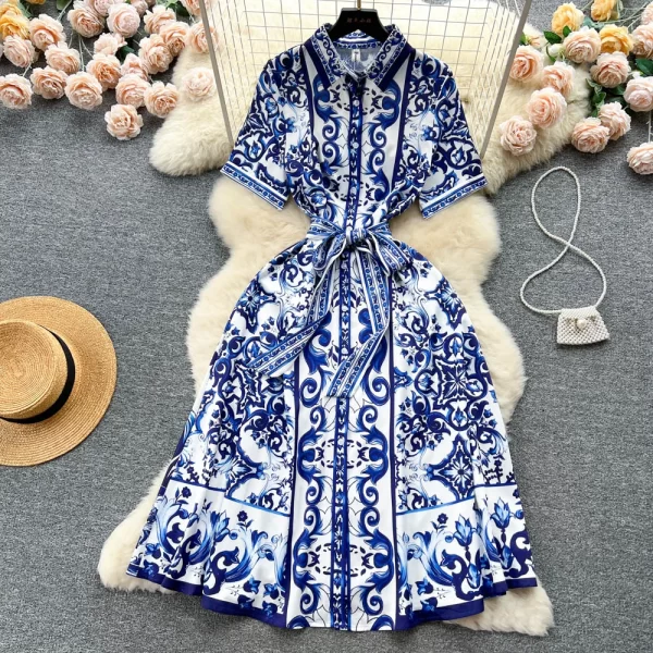 LE1654 Socialite Fashion Celadon Porcelain Printed Skirt Women'S 2025 High Waist Midi Office Party Women'S Dress