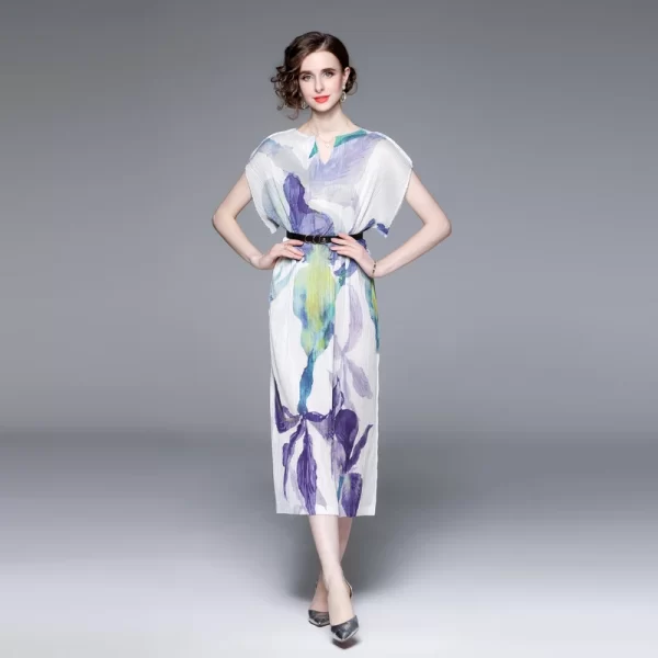 LE1475 V-neck Miyake Wrinkled Large Size Temperament Urban Women'S Dress Long Loose Butterfly Sleeve Floral Print Dress With Be - Image 3