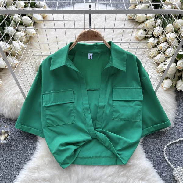 LE4017 Sweet Cool Spice Girl Style Lapel Short-Sleeved Shirt Female Summer V-Neck Twist Design Sense of Beauty Niche Pure Desir - Image 5
