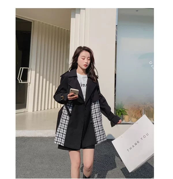 LE4557 Plaid Patchwork Black Trench Coat Female Design Sense of High-Grade Spring and Autumn British Wind Long Coat - Image 3
