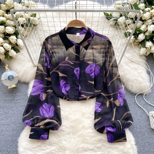 LE4016 French Vintage Tulle Floral Shirt Women'S Summer Polo Collar Lantern Sleeve Design Sense of Niche Chic Loose - Image 4
