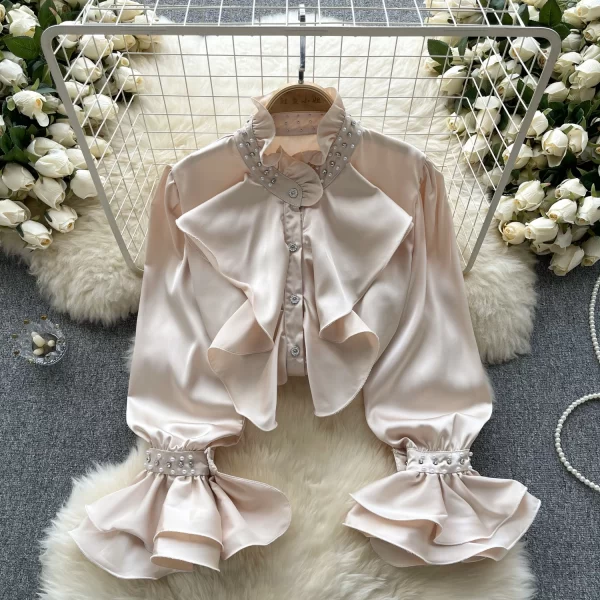 LE4018 French Retro Court Style Shirt for Women With Thin Temperament Shirt Senior Sense of All Studded Beaded Top - Image 2