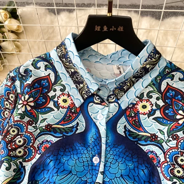 LE1662 Socialite Party Retro Peacock Print Dress Chic Lapel Short Sleeve French Office Party Casual Ladies Boutique Midi Dress - Image 3
