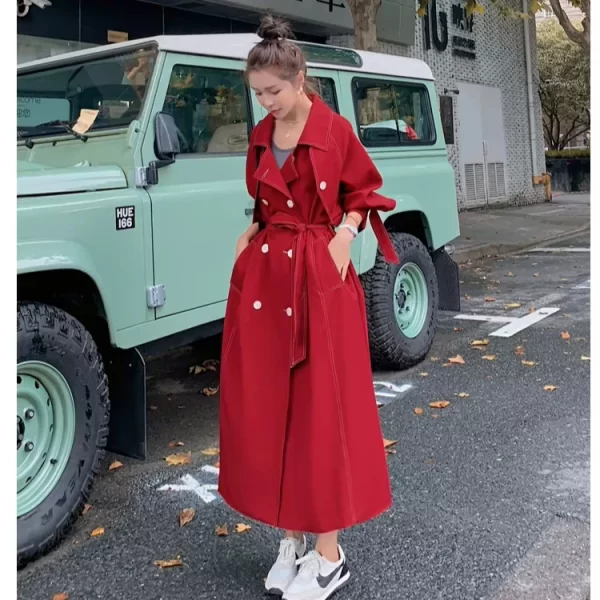 LE4568 Pure Color Trench Coat Women Spring and Autumn Fashion High-End Atmosphere Small Bright Line Long Coat - Image 4