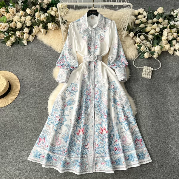 LE1892 European Court Style Dress Niche Vintage Print Slim Long Temperament Office Woman Belted Dress Spring Women 2025 New - Image 2
