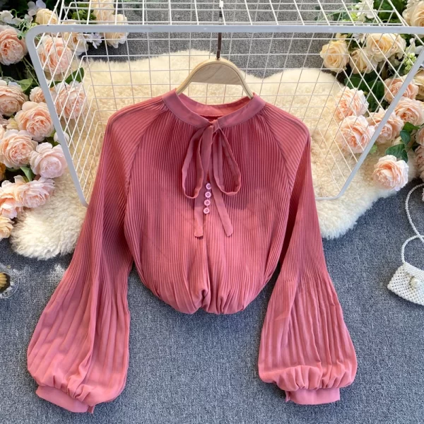 LE4028 Chiffon Long-Sleeved Shirt Women'S Pleated Lantern Sleeve Baggy All-In Candy-Colored Spring Top - Image 2