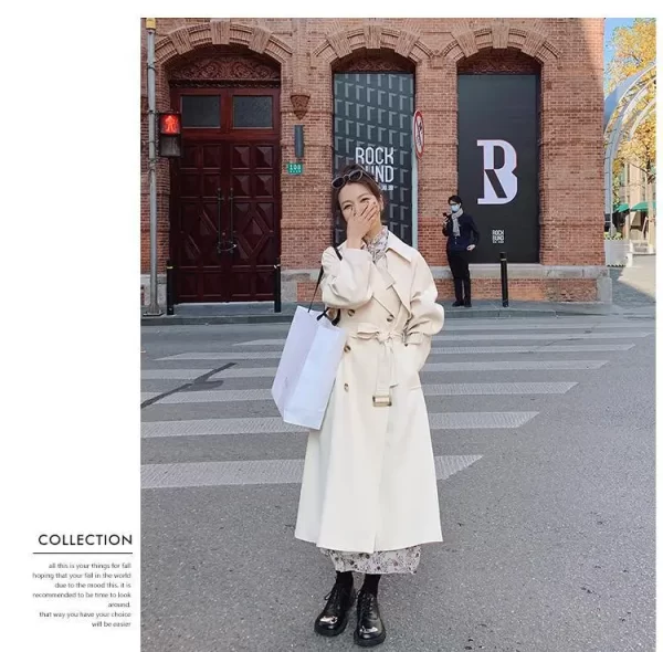 LE4567 White Fashion Trench Coat Women'S Mid-Long Spring and Autumn New Casual Loose Hepburn Style Coat - Image 2