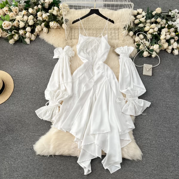 LE2071 Senior Sense Dress Spring Women Design Sense Irregular Slip Dress French Square Collar Temperament Dress With Sleeves