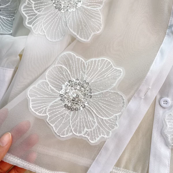 LE4030 High-End Beaded Sequin Three-Dimensional Flower Shirt Women 2025 Spring New See-Through Mesh French Top - Image 5